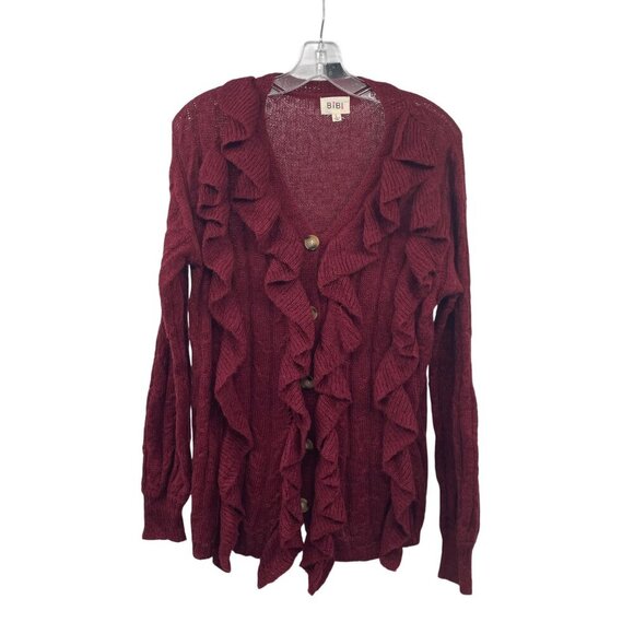 BiBi Women's Ruffle Button Up Cardigan Long Sleeve Maroon Large Lightweight - Picture 1 of 9